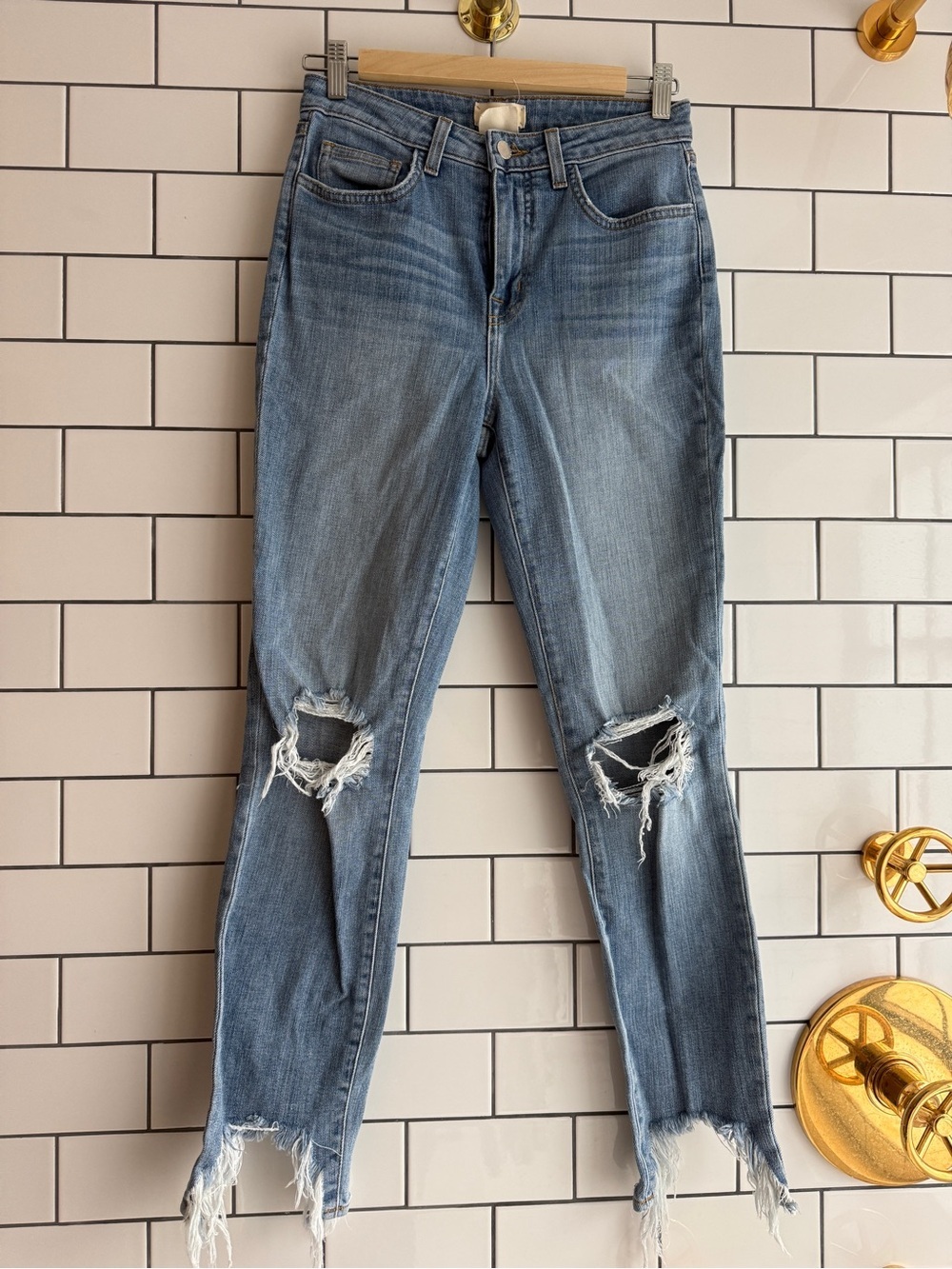 L'AGENCE Distressed Light Blue Cropped Ankle Jeans